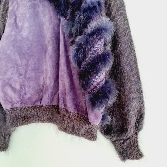 VINTAGE Purple Mohair Wool Suede & Fox Fur Sweater Sz M - Picture 4 of 12